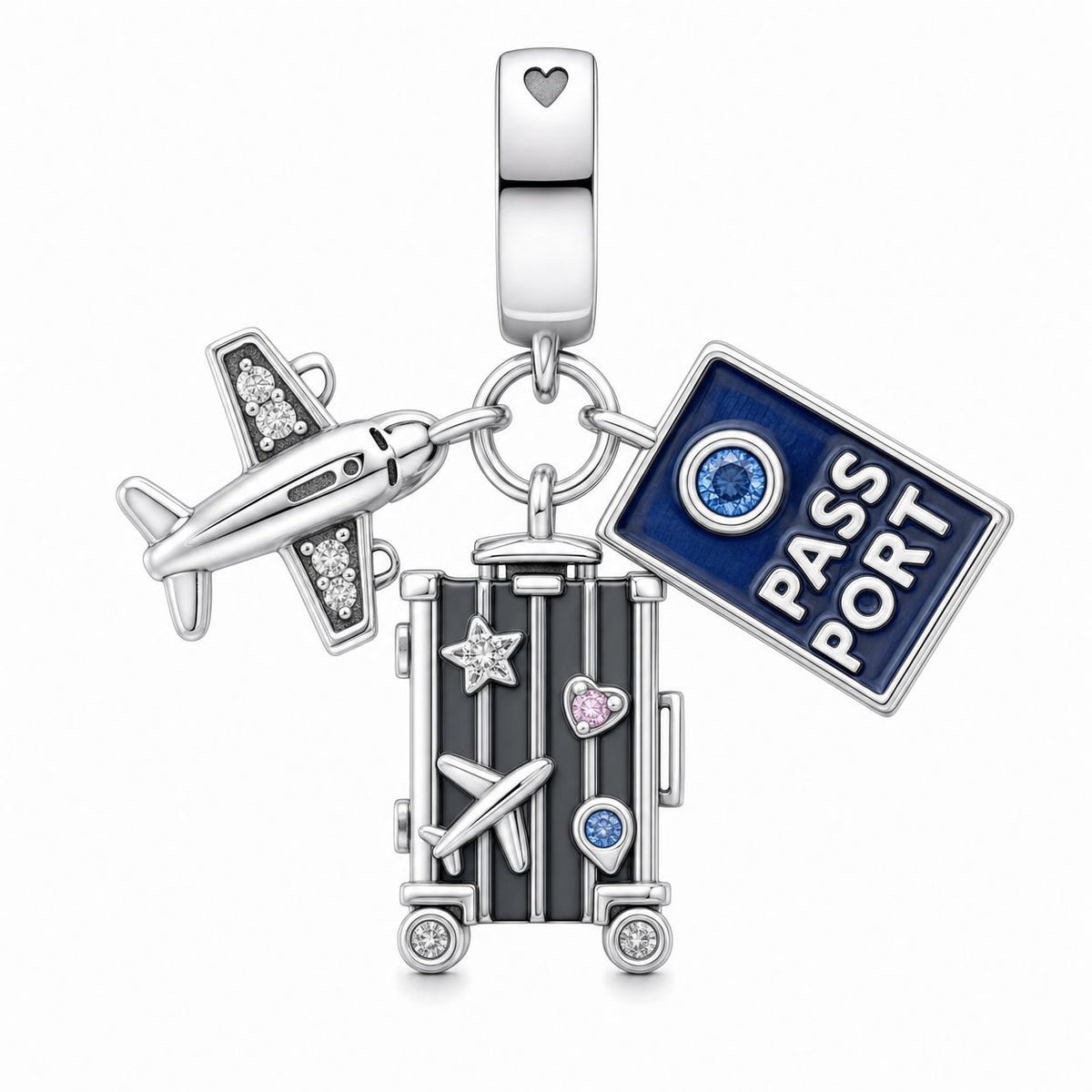 Charm-Anhänger, Trio mit Flugzeug, Reisepass und Koffer, für Damen, Modell Valigia