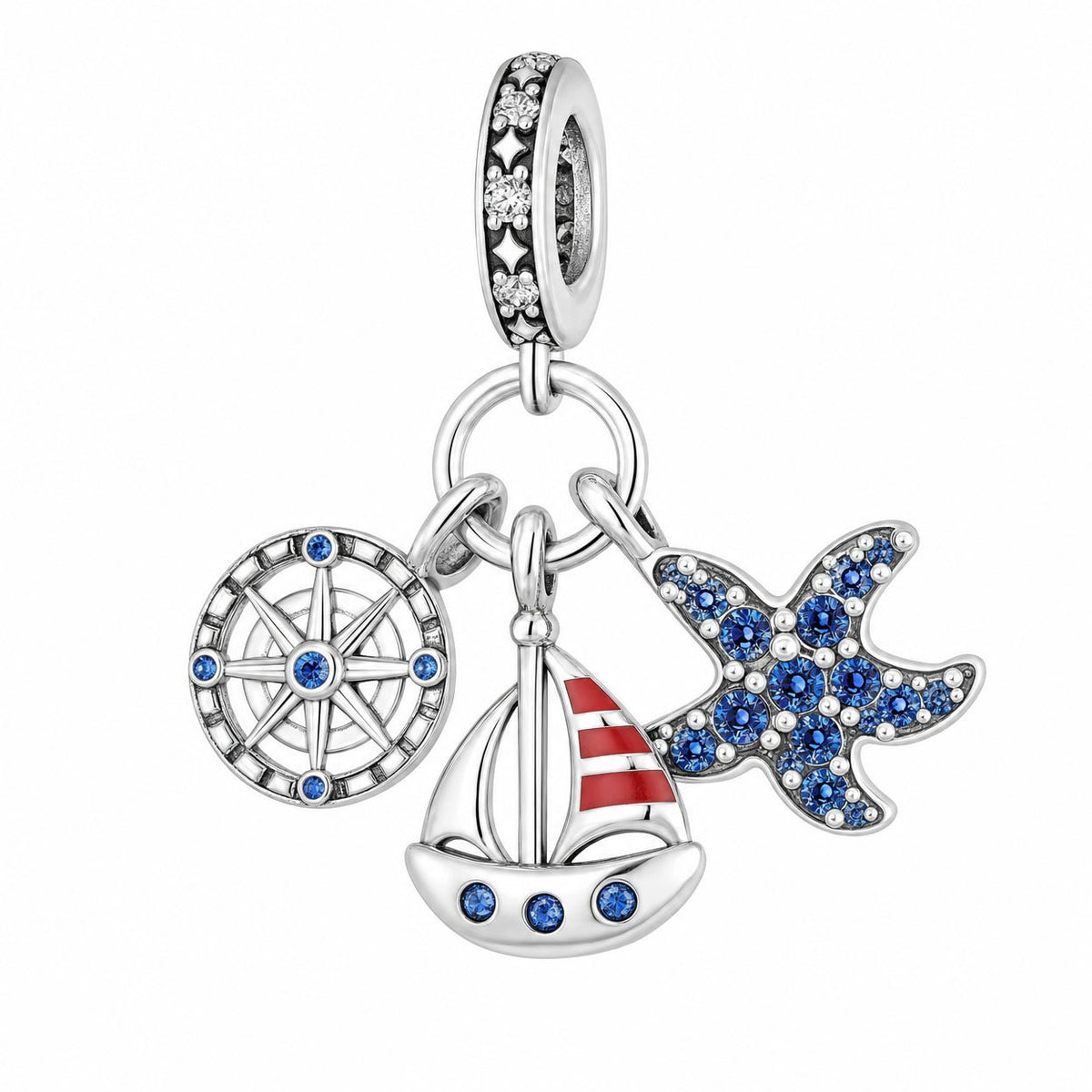 Charm pendant, nautical trio compass, sailboat, and starfish, for women, Nautika model