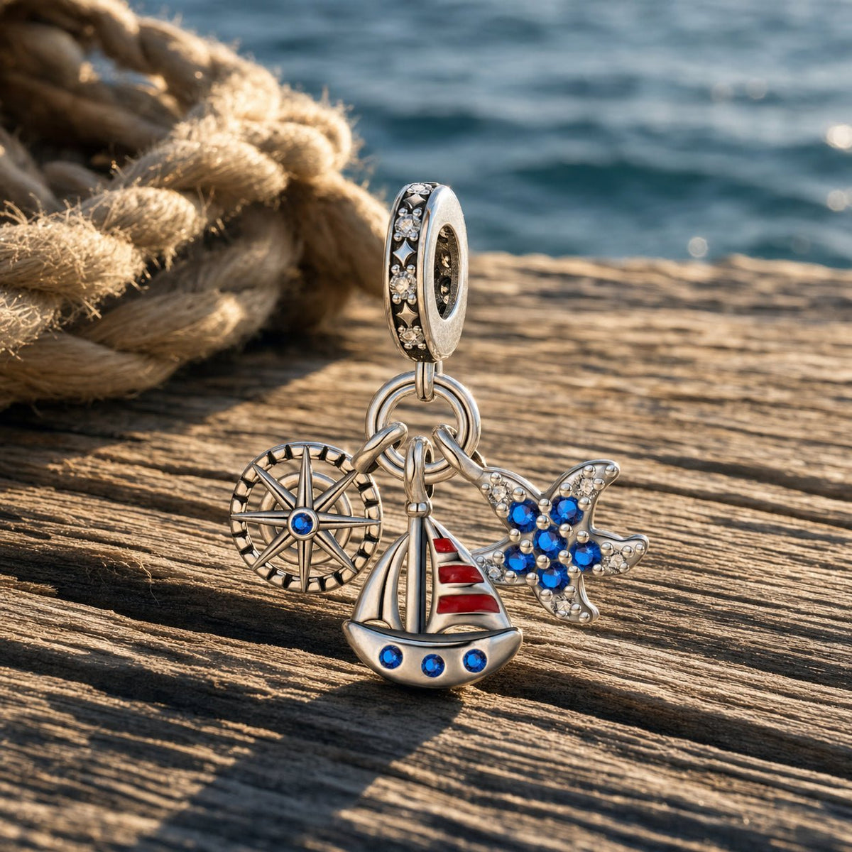 Charm pendant, nautical trio compass, sailboat, and starfish, for women, Nautika model