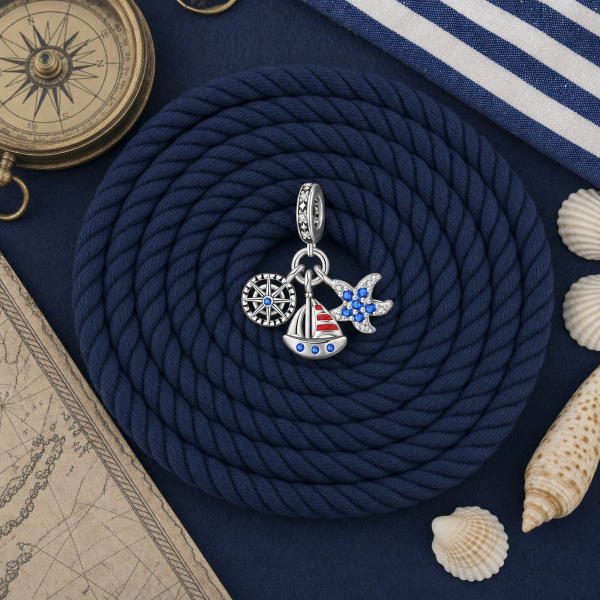 Charm pendant, nautical trio compass, sailboat, and starfish, for women, Nautika model