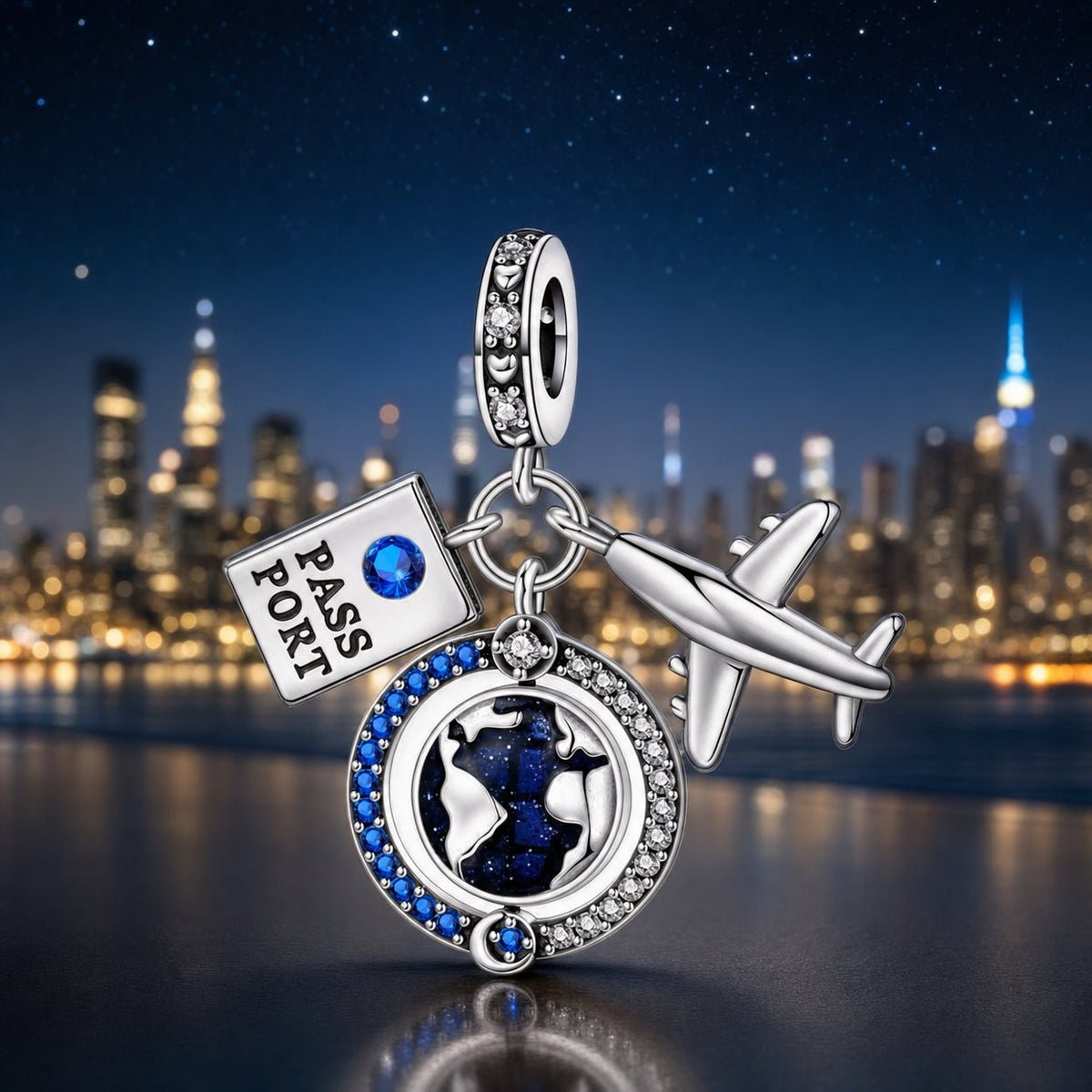 Charm pendant, world trio airplane globe and passport, for women, Globalia model