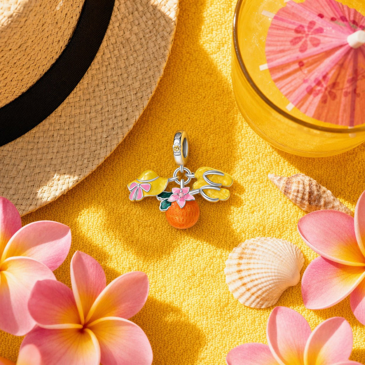 Charm-Anhänger, Trio Strand Sonnenhut Kokosnuss und Flip-Flops, für Damen, Modell Solaria
