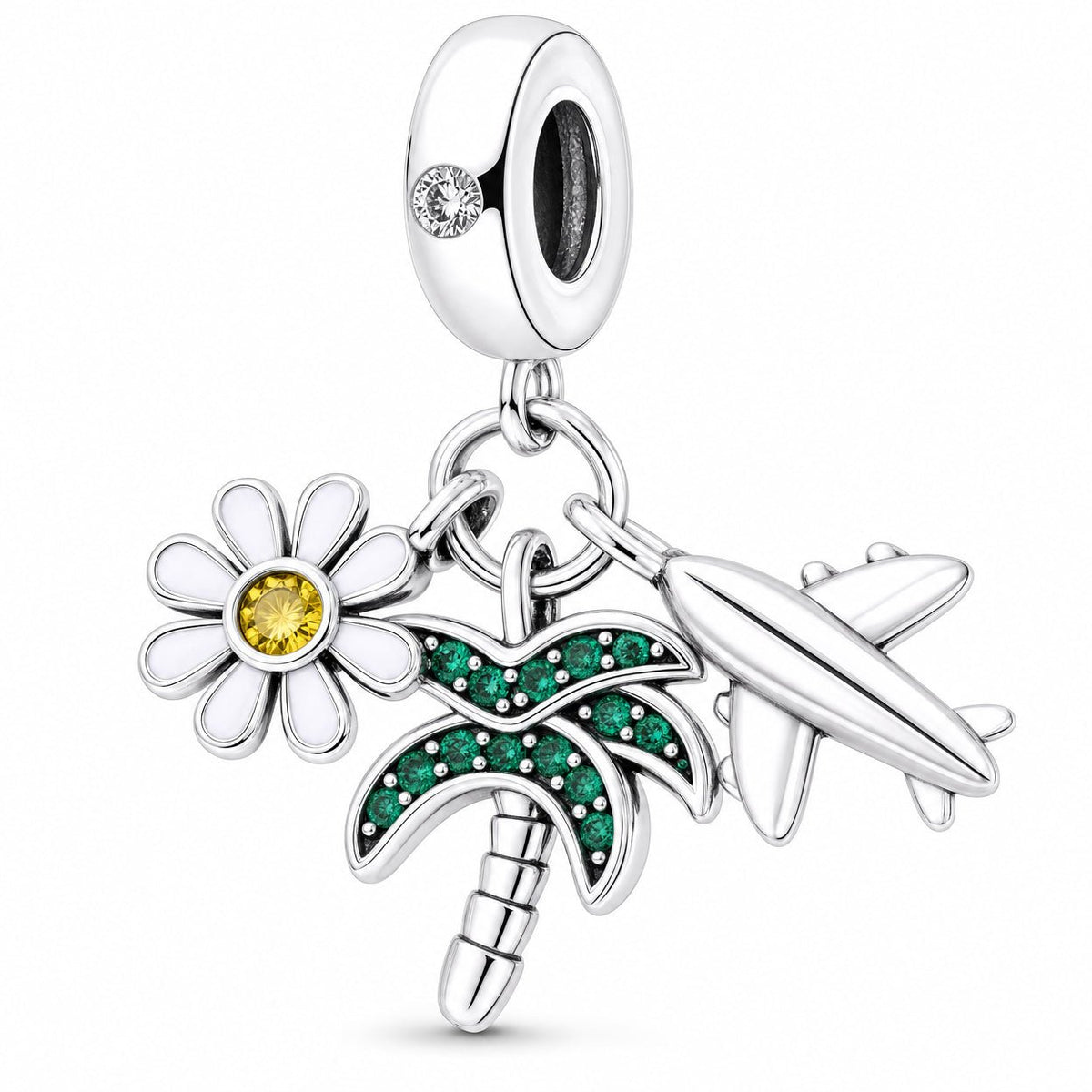 Charm-vedhæng, trio tropisk marguerit, palme og fly, til kvinder, model Palmera