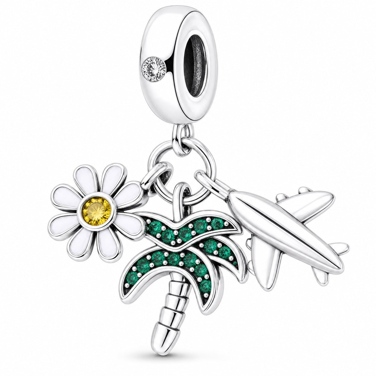 Charm-Anhänger, tropisches Trio Margerite, Palme und Flugzeug, für Damen, Modell Palmera