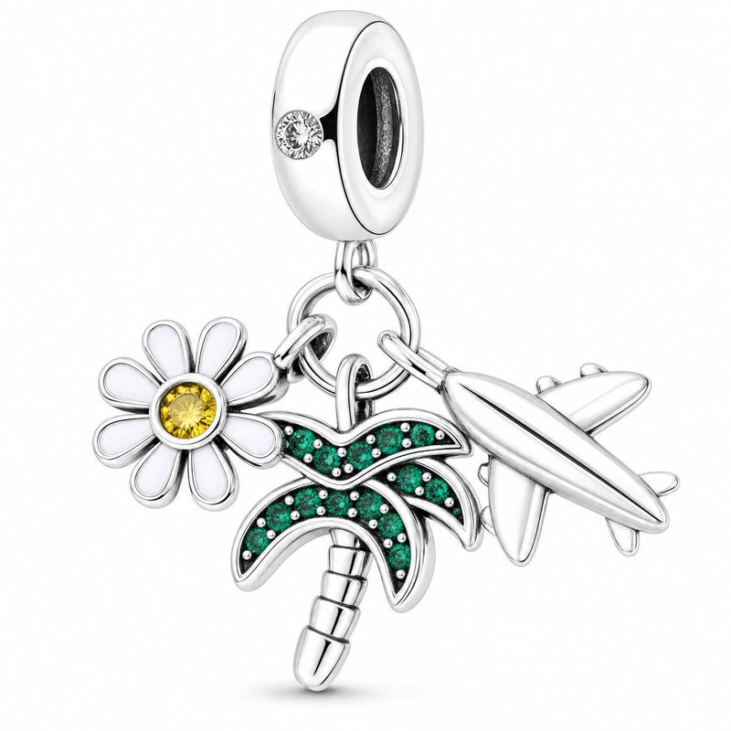 Charm-Anhänger, tropisches Trio Margerite, Palme und Flugzeug, für Damen, Modell Palmera