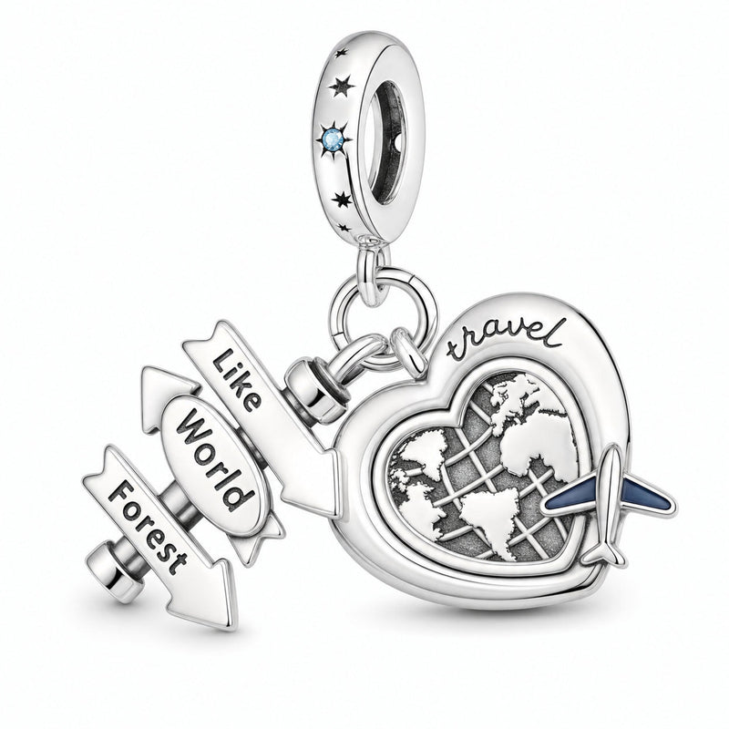 Charm pendant, travel trio airplane globe and directional sign, for women, Amorvia model