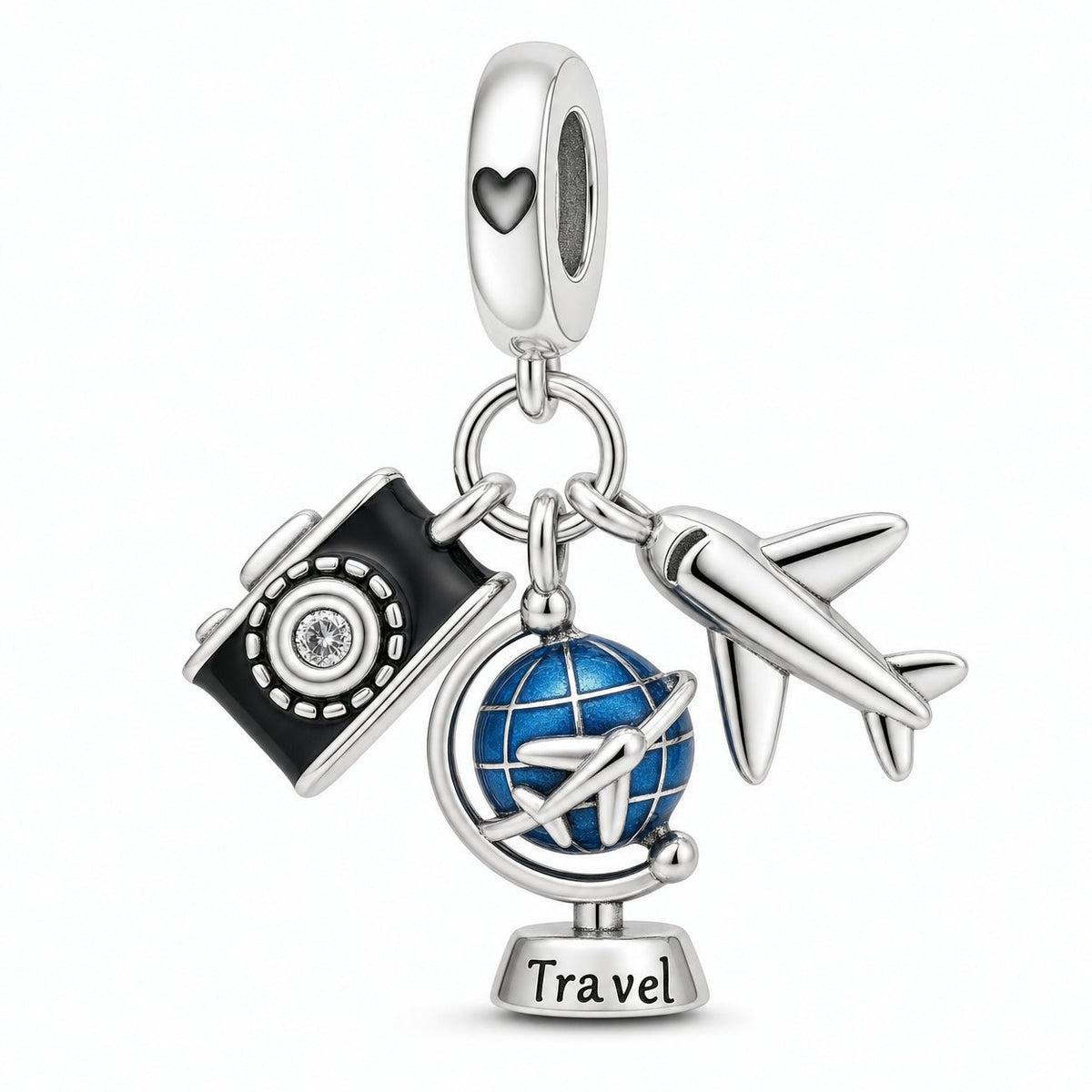 Charm-Anhänger, Trio Reise Flugzeug, Globus und Koffer, für Damen, Modell Trifolia