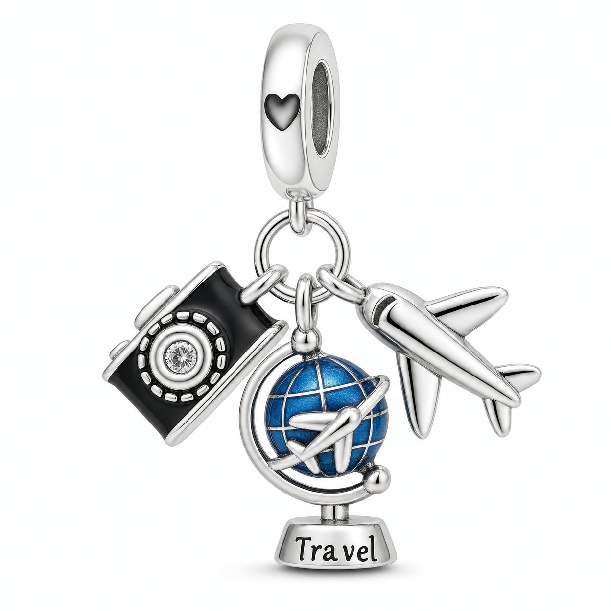 Colgante charm, trío viaje avión globo y maleta, para mujer, modelo Trifolia