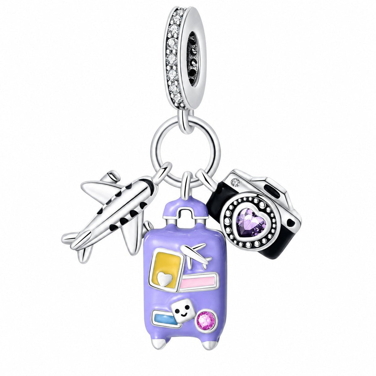 Charm-trio rejse, emaljeret kuffert, fly og kamera med zirkoner, model Purpuria