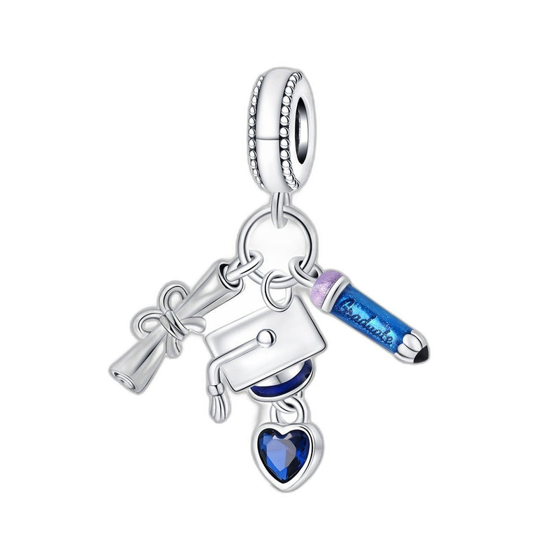 Ciondolo charm, triplo pendente laurea blu con cuore zaffiro, per donna, modello Triomphio