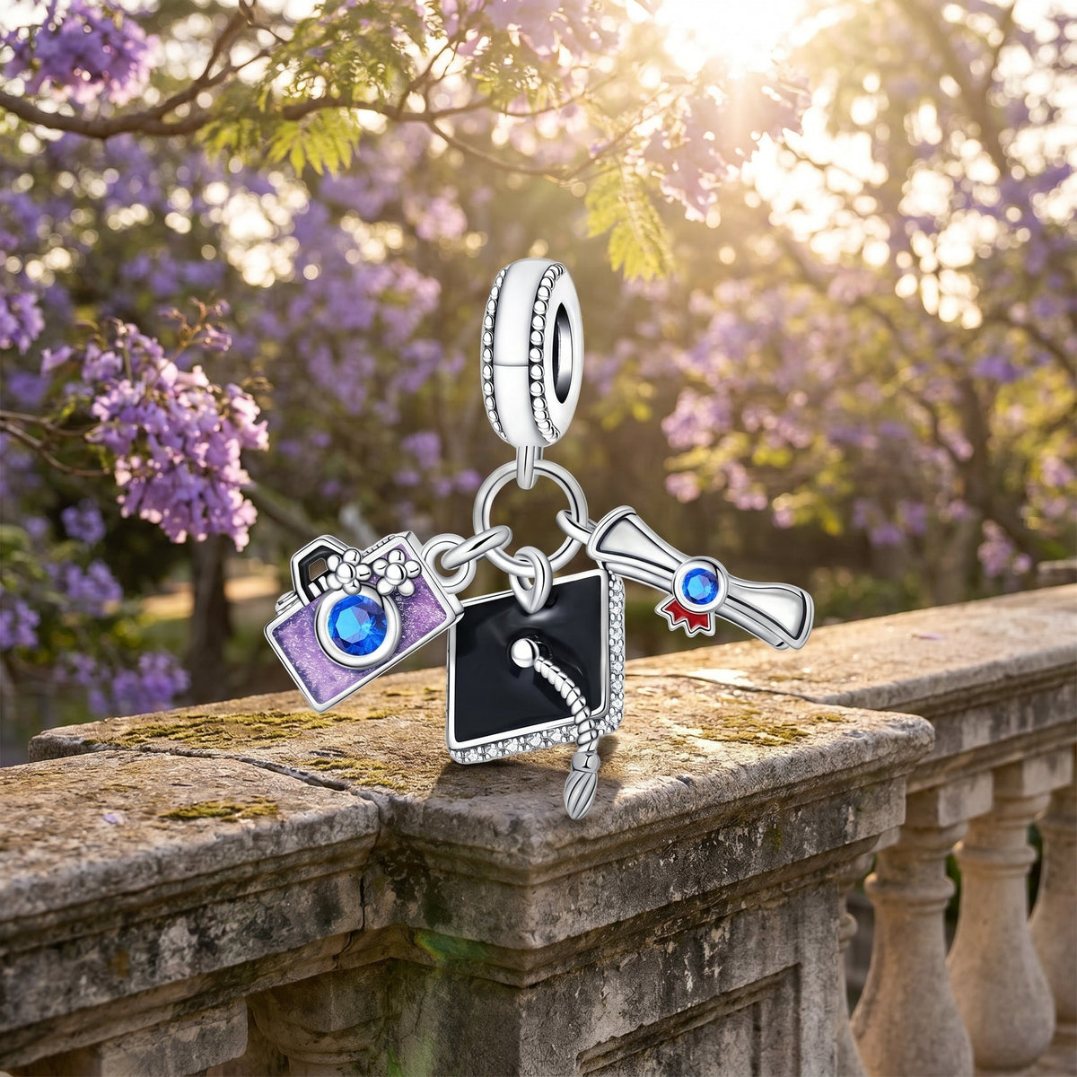 Pendant charm triple graduation, graduation cap and zircons, for women, Memorabilia model