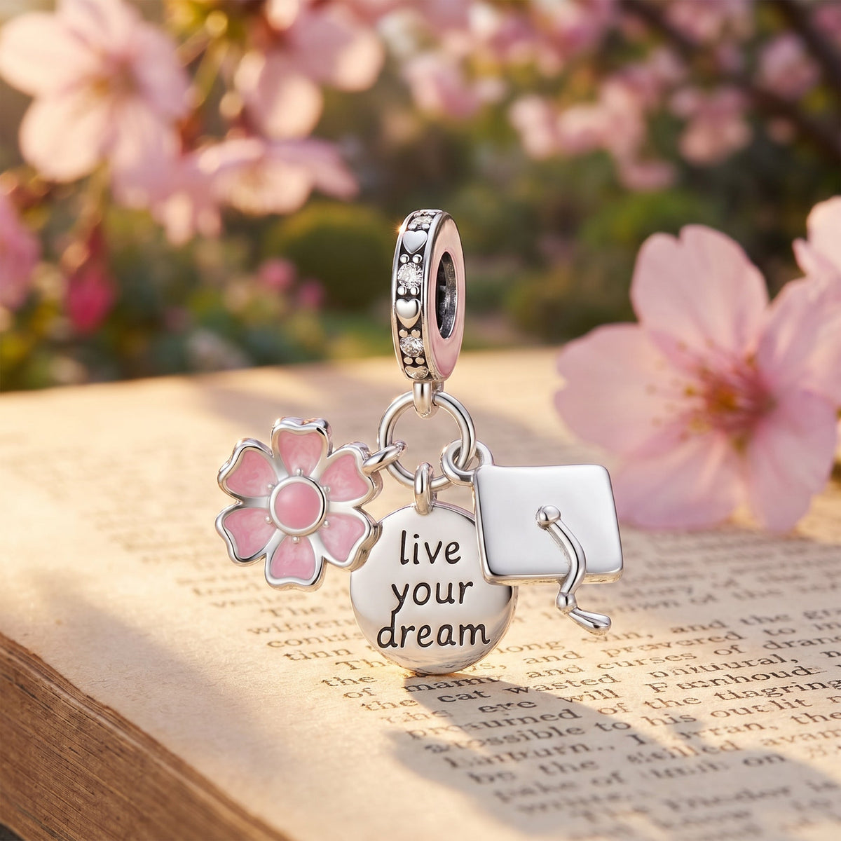 Κρεμαστό γούρι, τριπλό live your dream με ροζ λουλούδι, για γυναίκες, μοντέλο Dreamella