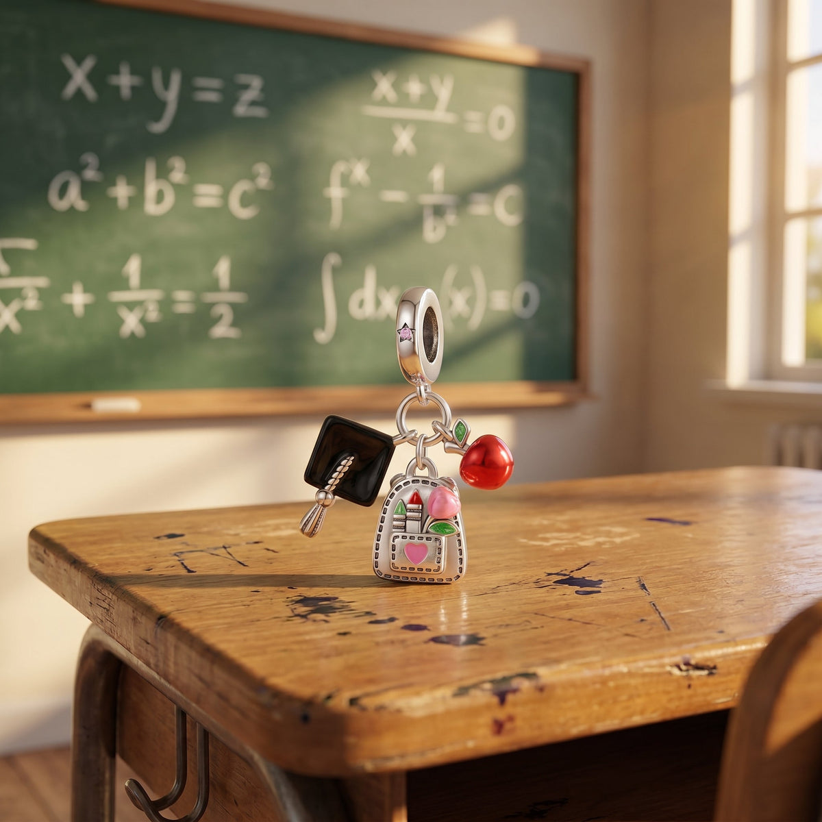 Charm pendant, triple pendentif scolaire avec sac à dos et pomme, pour femme, modèle Scholarina