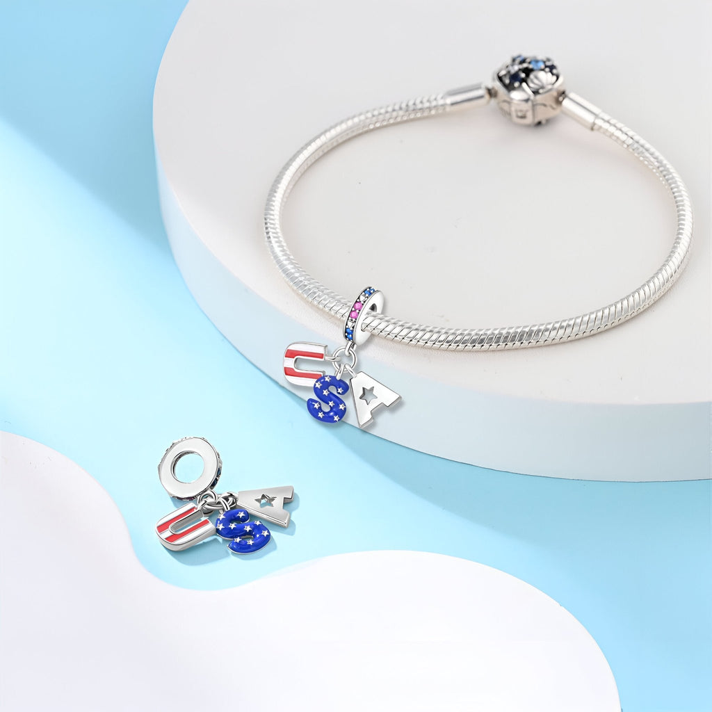 Charm pendentif U.S.A en argent avec drapeau et étoiles, pour bracelet femme.