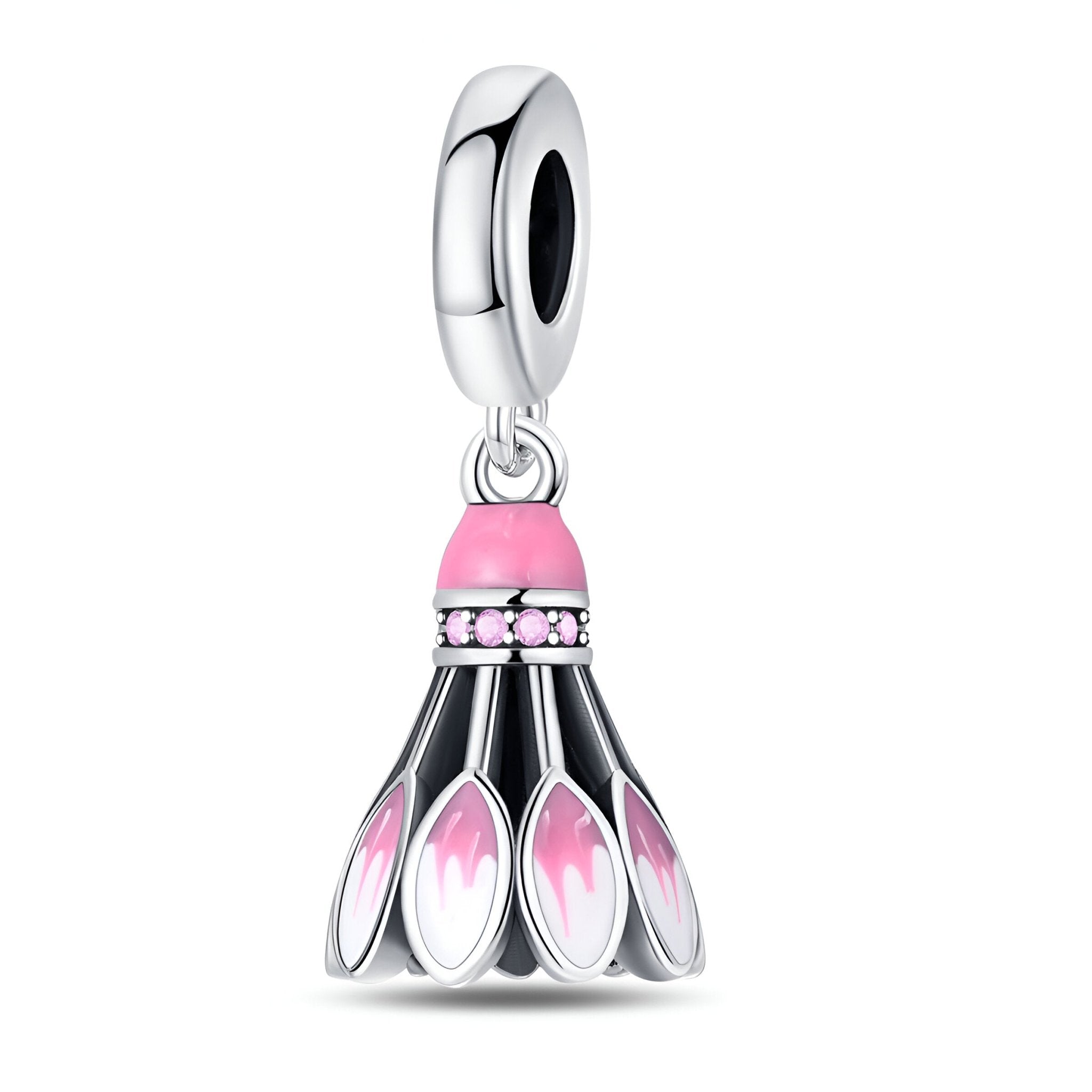 Charm pendentif volant de badminton en argent avec détails roses et strass scintillants.