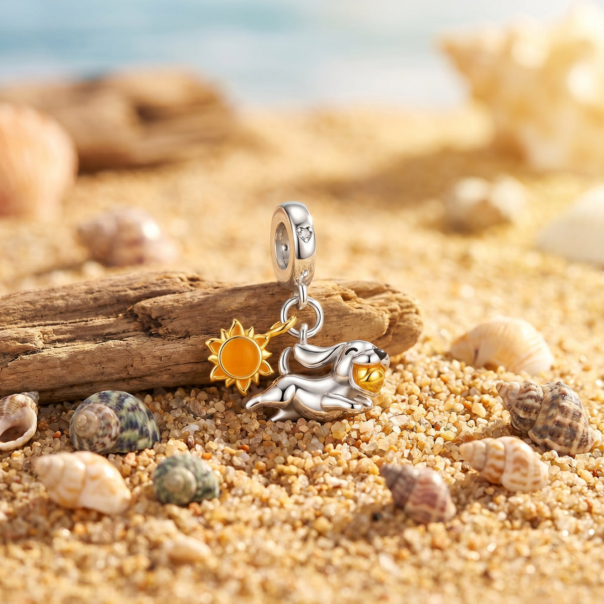Double Pendant Dog and Sun Charm, silver and gold finish, for women, Playful Solar Dog model