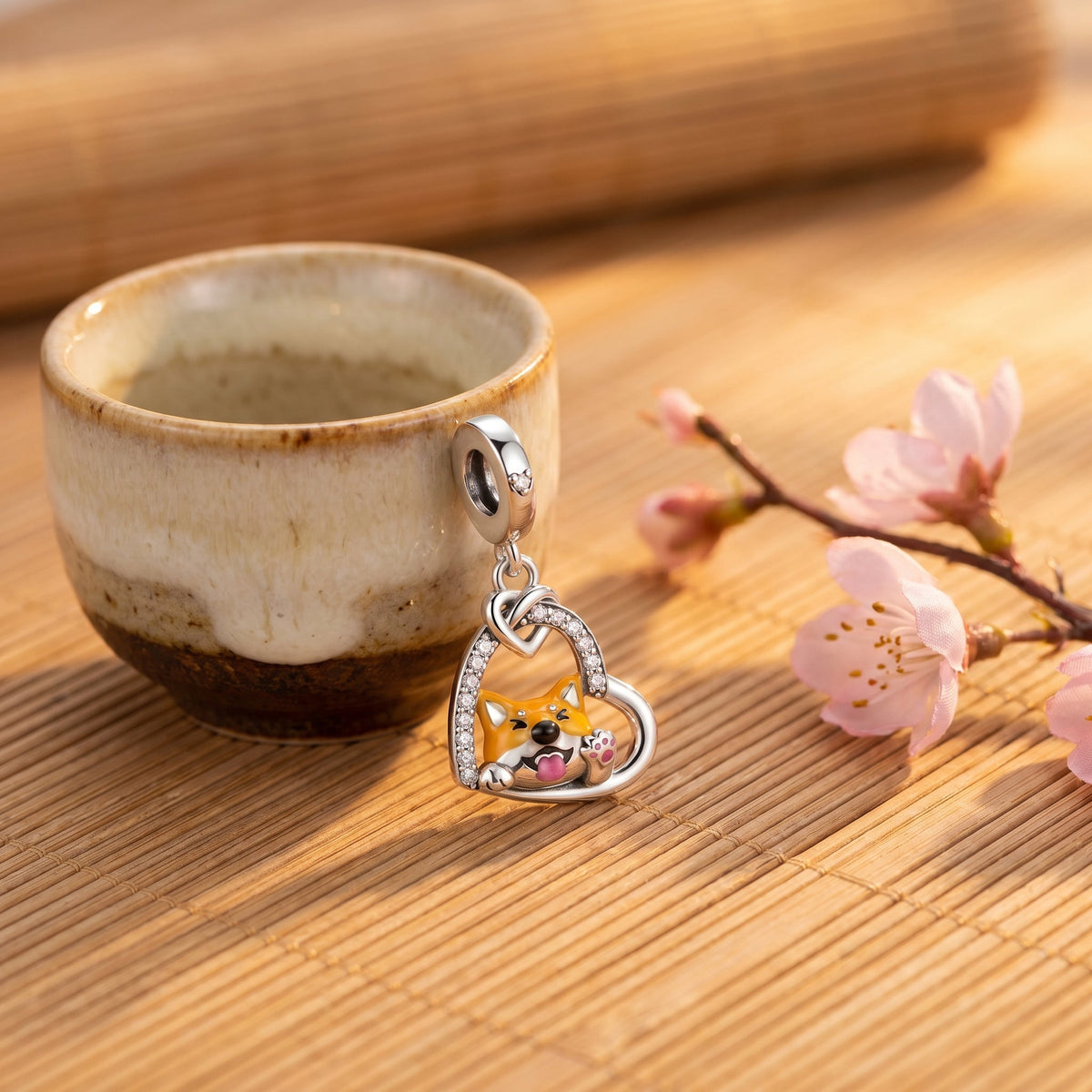 Shiba Inu in a Zircon-Set Heart Charm, colorful enamel, for women, I Love My Shiba model