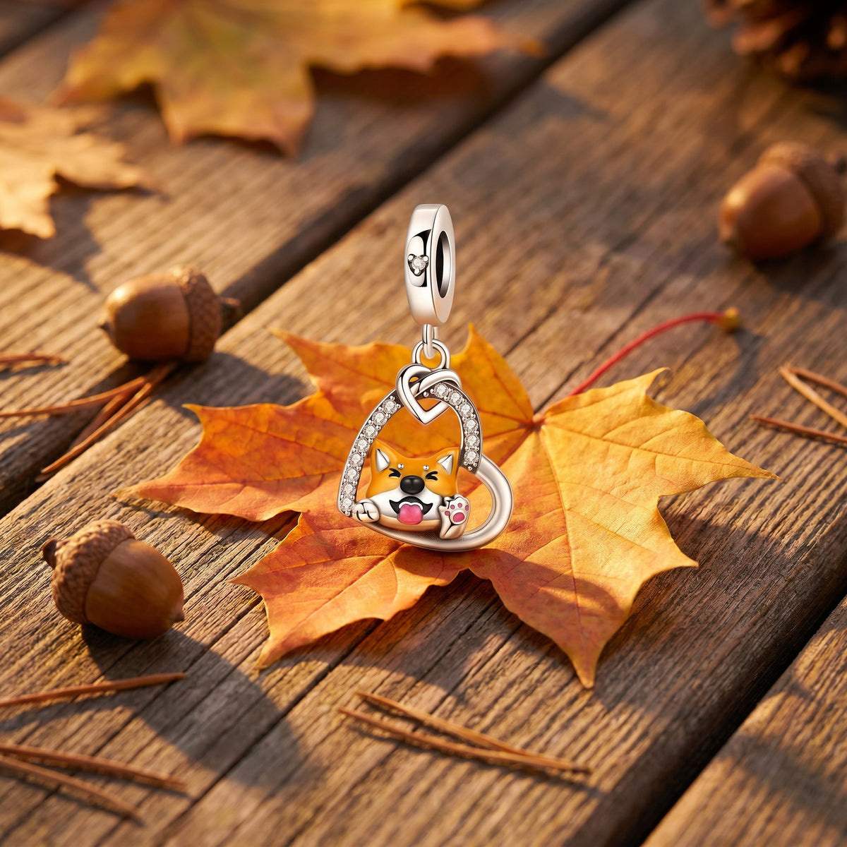 Shiba Inu in a Zircon-Set Heart Charm, colorful enamel, for women, I Love My Shiba model