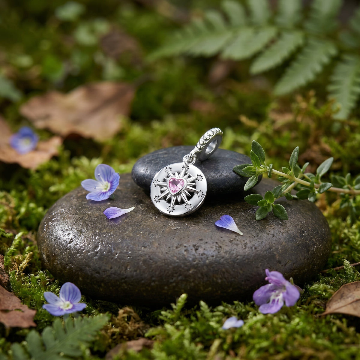 Celestial compass pendant charm, eight-pointed star and pink heart zircon, Starred Compass Pink Heart model