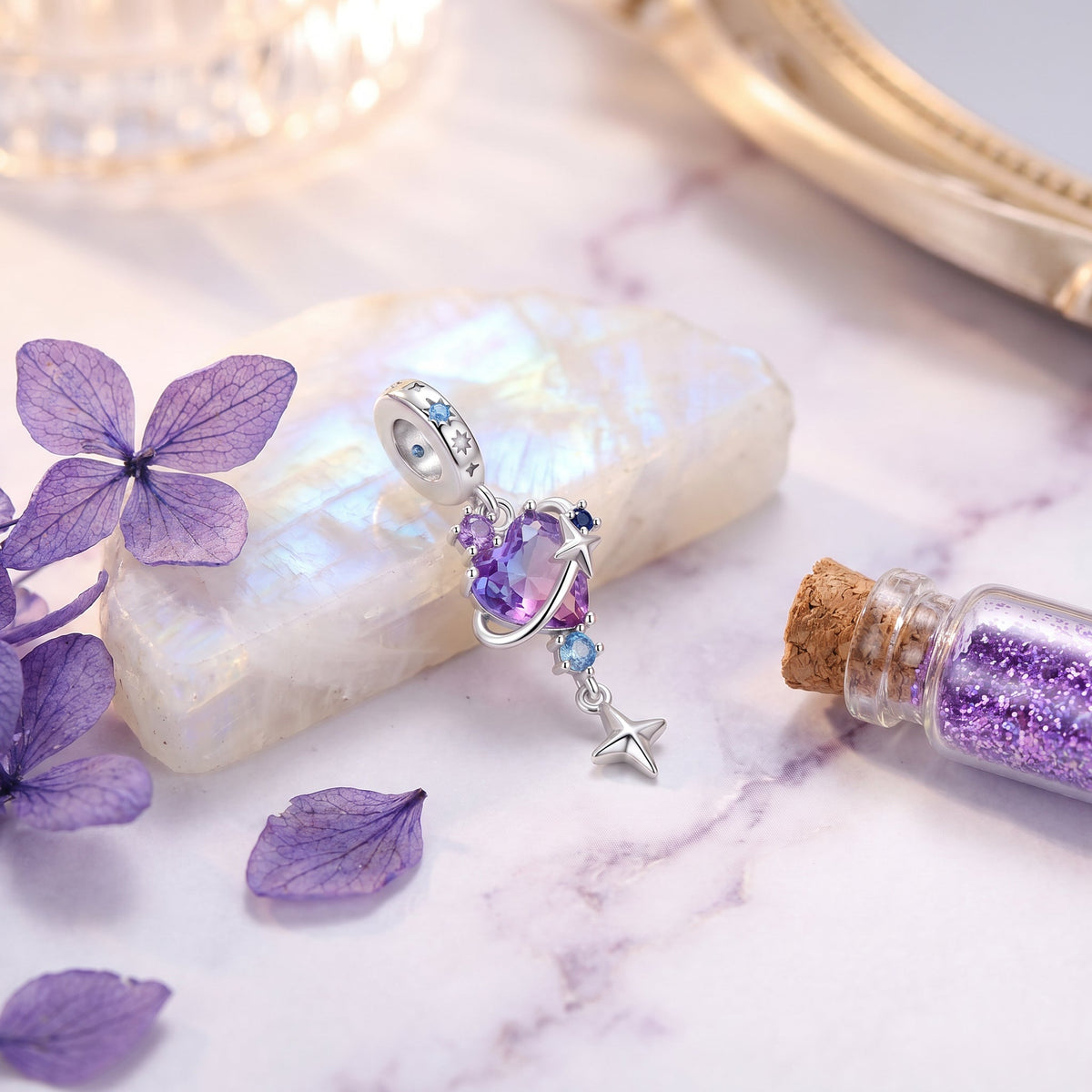 Satellite heart pendant charm, violet crystal and zircons, for women, Violet Satellite Heart model