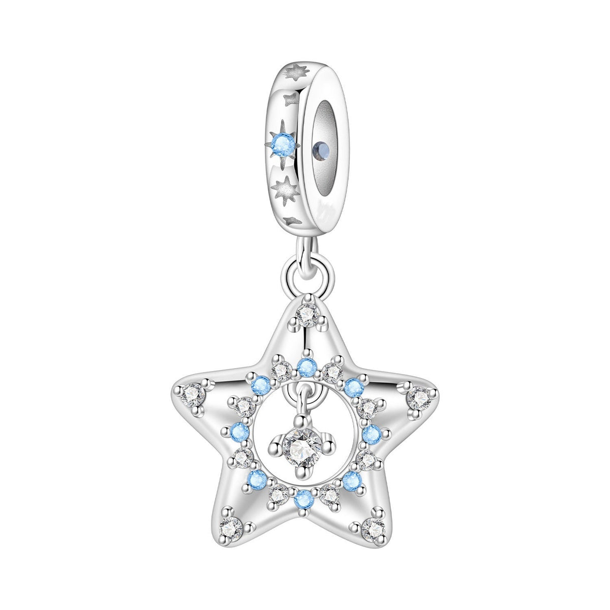 Openwork star pendant charm, blue and white zircons, for women, Shining Blue Star model
