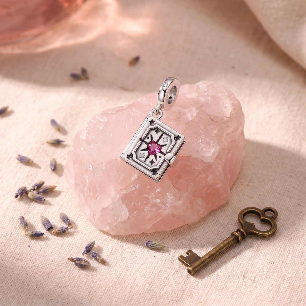 Opening book charm, six-pointed star and pink zircon, for women, Star Grimoire model