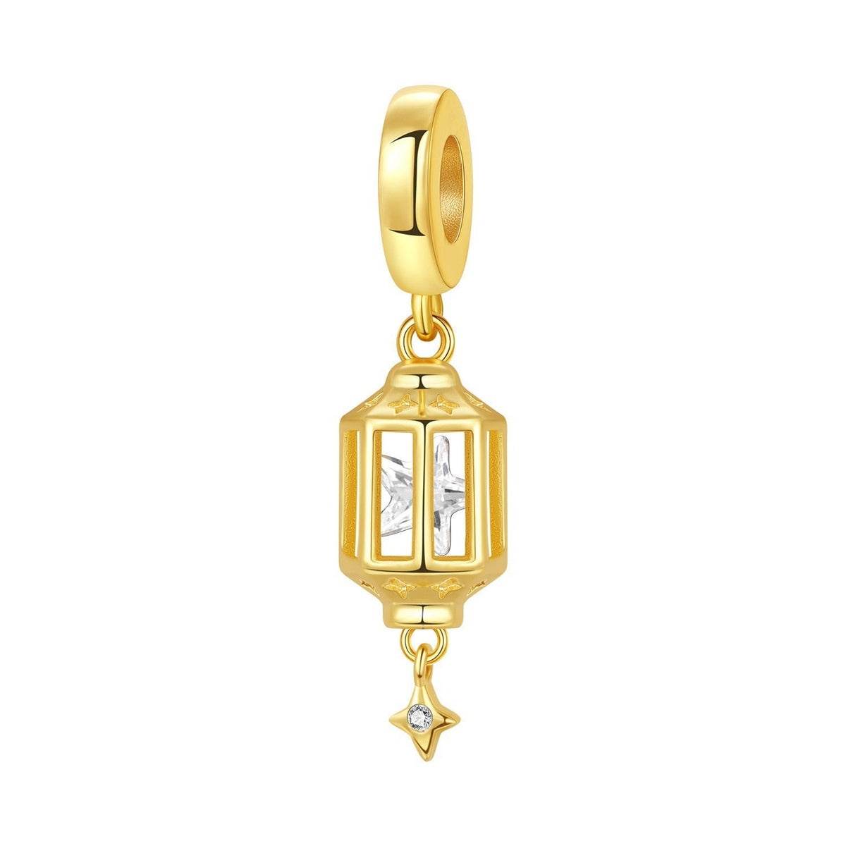 Charm lanterne hexagonale ajourée, etoile en zircon, finition doree, modele Lanterne Etoilee Doree