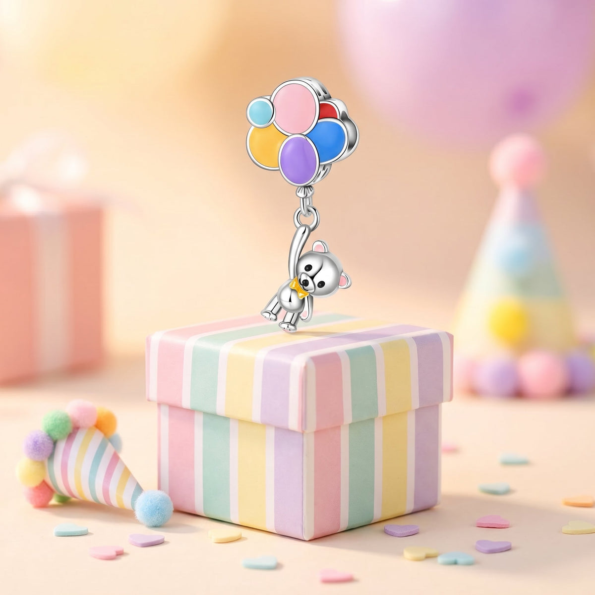 Charm ourson aux ballons multicolores en émail, pour femme, modèle Ourson aux Ballons
