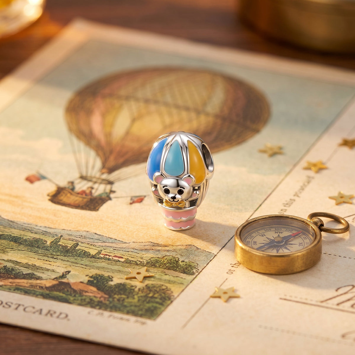 Charm montgolfière en émail coloré, ourson et nacelle, pour femme, modèle Ourson en Montgolfière