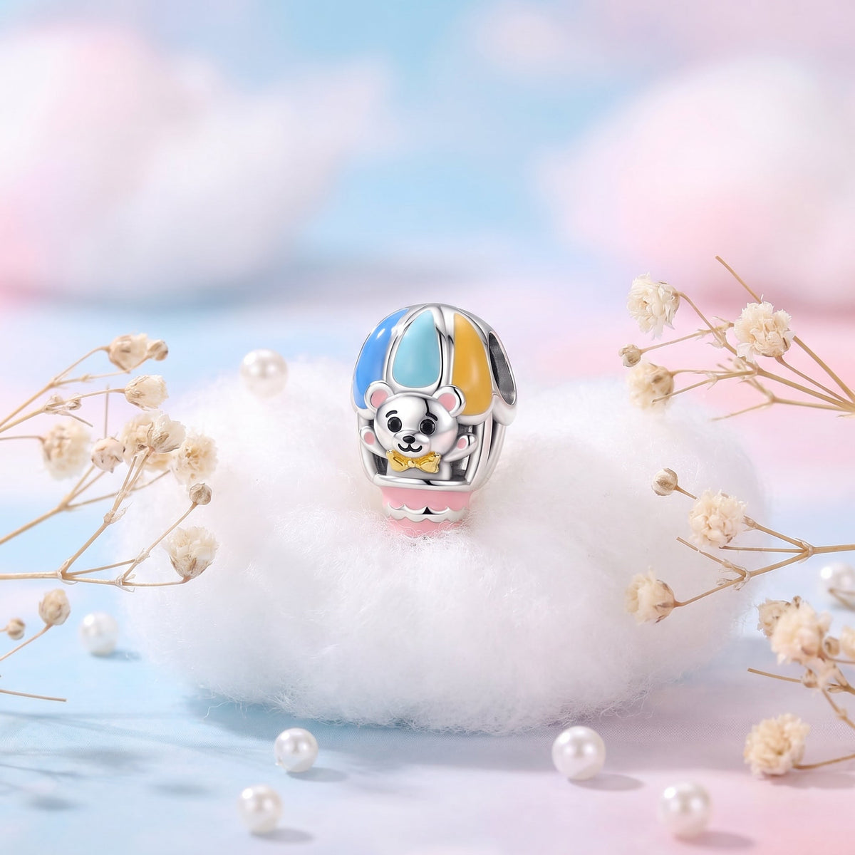 Charm montgolfière en émail coloré, ourson et nacelle, pour femme, modèle Ourson en Montgolfière