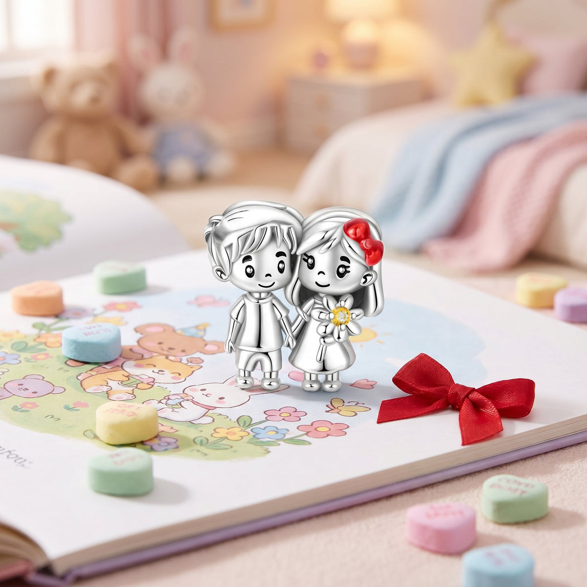 Charm figuratif enfants main dans la main, details emailles, pour femme, modele Amour d'Enfance
