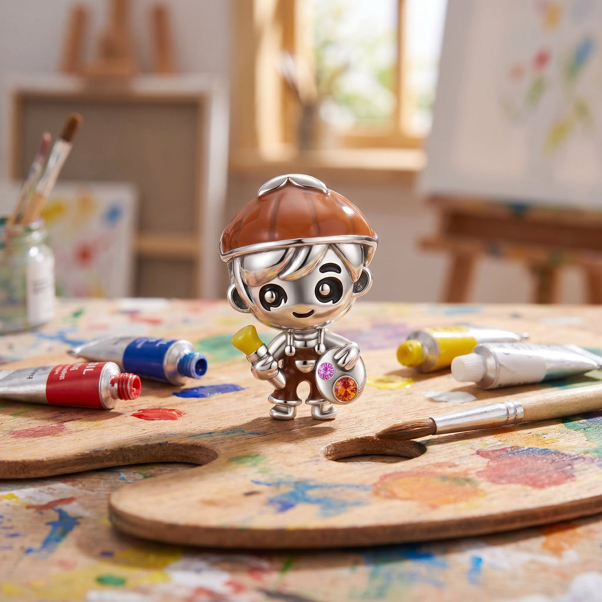 Charm petit garçon peintre avec palette émaillée, zircons colorés, modèle Petit Artiste Peintre