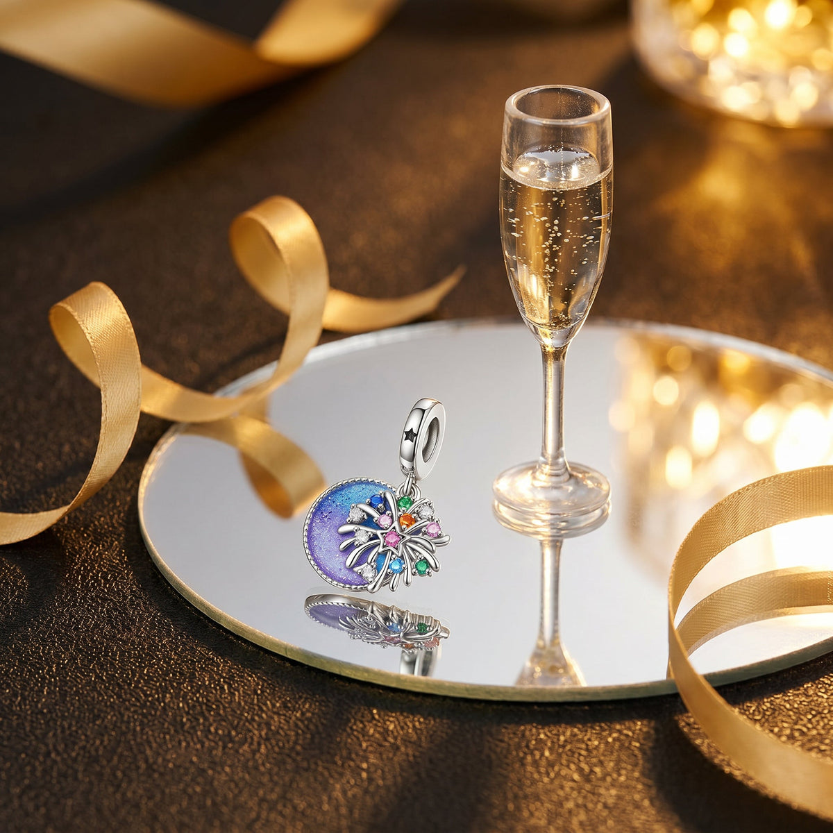 Charm feu d'artifice, disque émaillé et zircons multicolores, pour femme, modèle Disque Feu d'Artifice