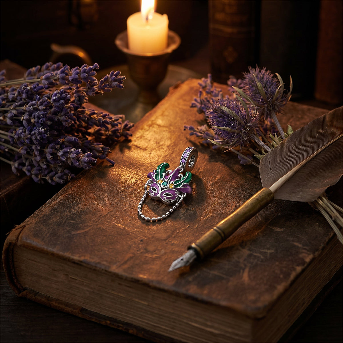 Venetian mask charm, green and violet enameled feathers, zircons, model Venetian Carnival Mask