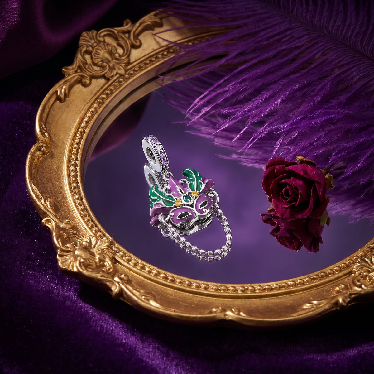 Venetian mask charm, green and violet enameled feathers, zircons, model Venetian Carnival Mask