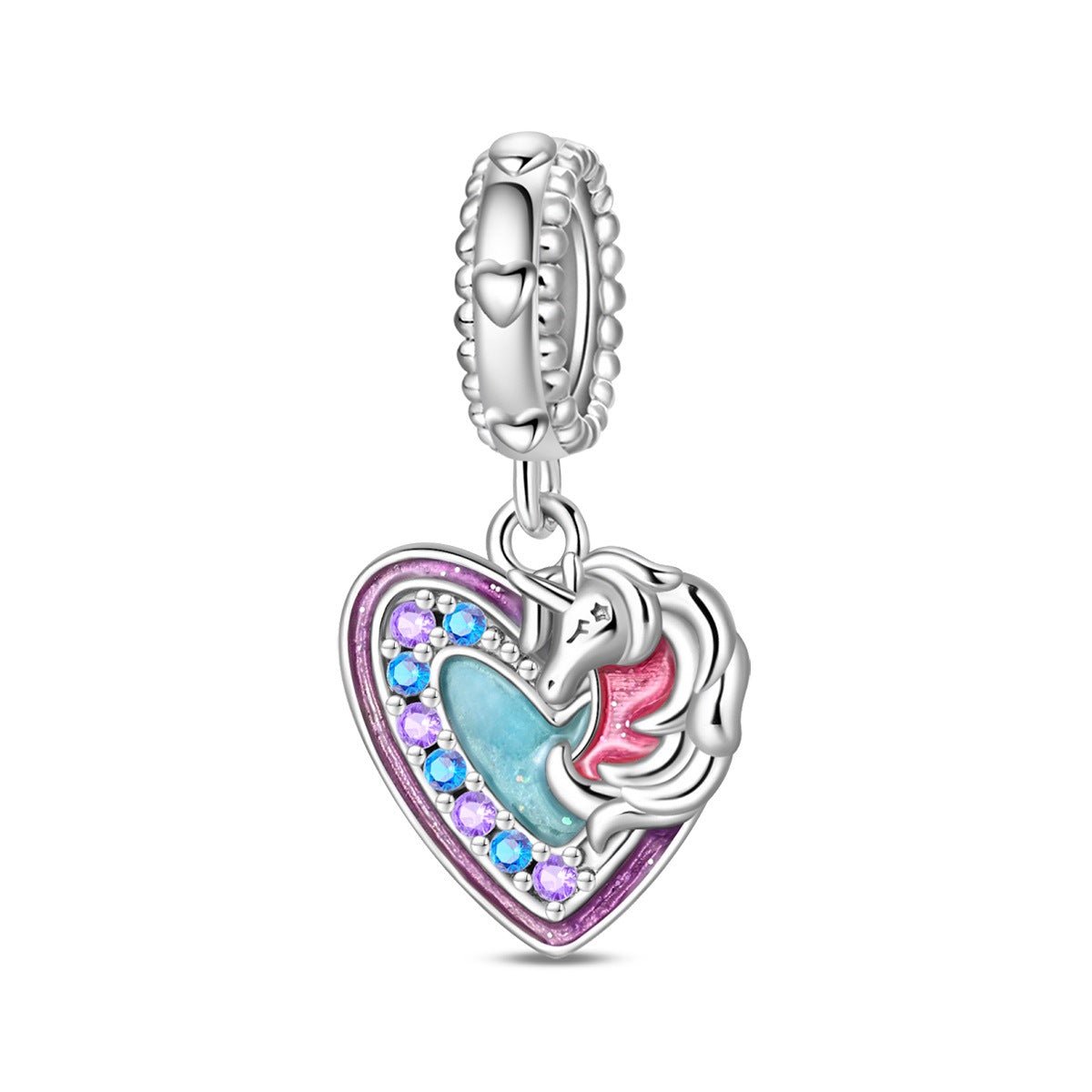 Charm, Pendentif licorne magique en argent, pour femme, modèle Cœur Licorne et Arc-en-Ciel