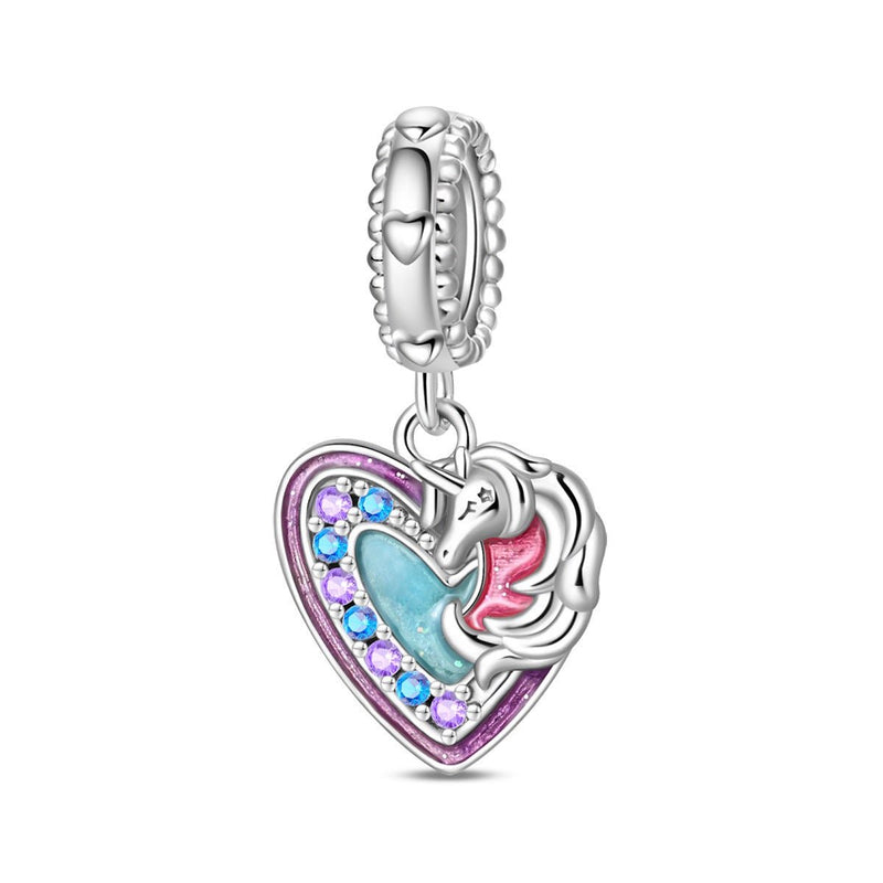 Charm, Pendentif licorne magique en argent, pour femme, modèle Cœur Licorne et Arc-en-Ciel