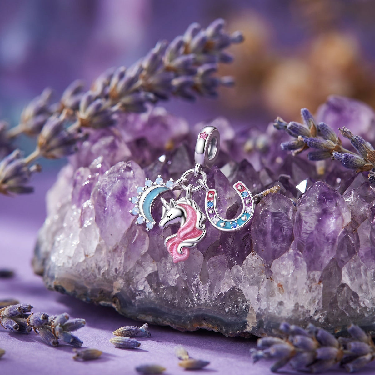 Triple charm pendant unicorn, enamelled moon and shooting star, Magic Trio Unicorn and Moon model