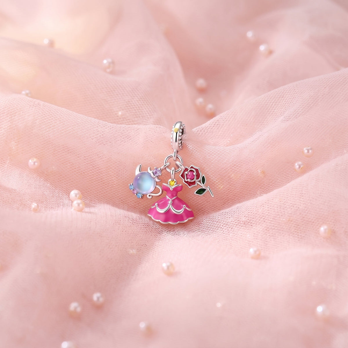 Charm, Anhänger Märchenprinzessin im rosa emaillierten Kleid, für Damen, Modell Prinzessin Rosa Kleid