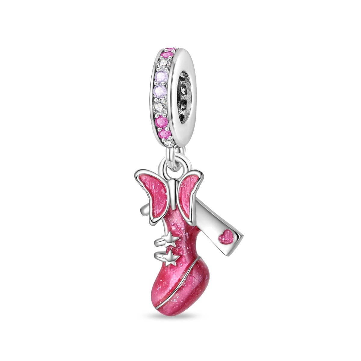 Charm, rosafarbener, glitzernder Anhänger aus Emaille und Zirkonia für Damen, Modell Bottine Papillon Rose