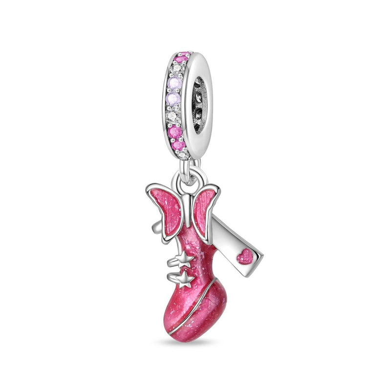 Charm, rosafarbener, glitzernder Anhänger aus Emaille und Zirkonia für Damen, Modell Bottine Papillon Rose