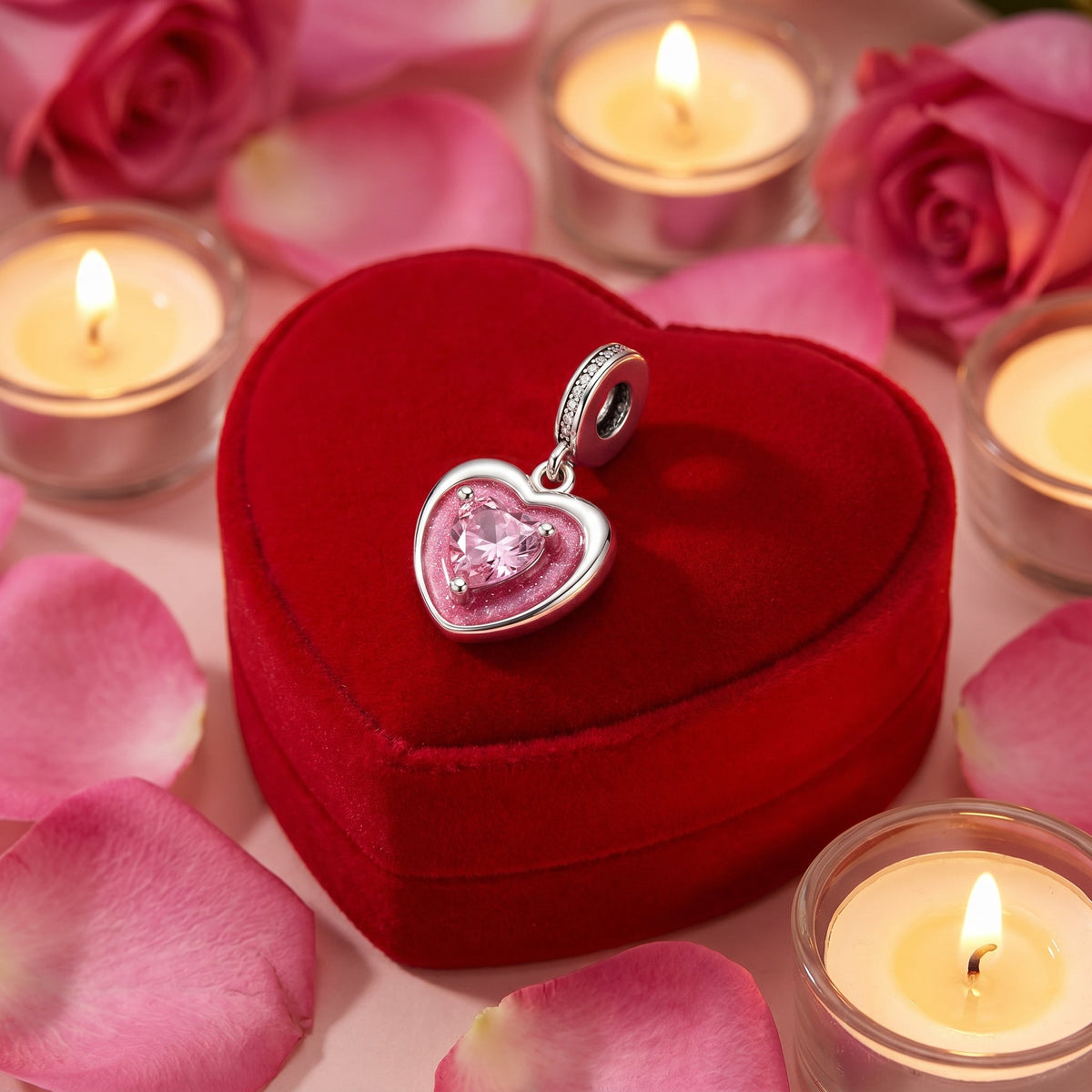 Charm, Pink Glitter Enamel and Zircon Pendant for Women, Pink Glitter Heart Model