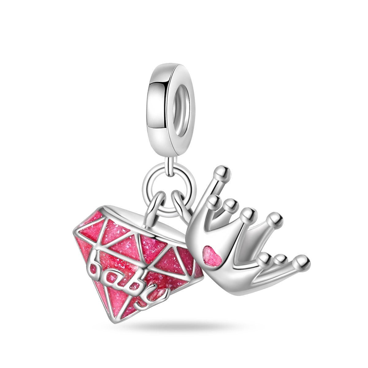 Charm, Pink Glitter Enamel and Zircon Pendant for Women, Diamond Rose and Crown Model