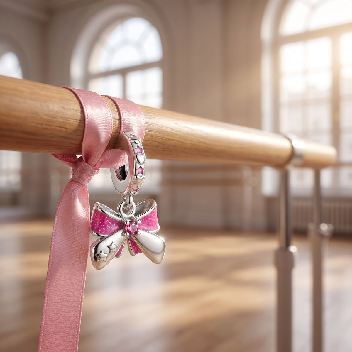 Charm, Pendentif rose pailleté en émail et zircons, pour femme, modèle Nœud Papillon Rose