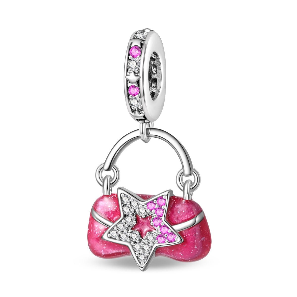 Charm, Pendentif rose pailleté en émail et zircons, pour femme, modèle Sac à Main Étoilé