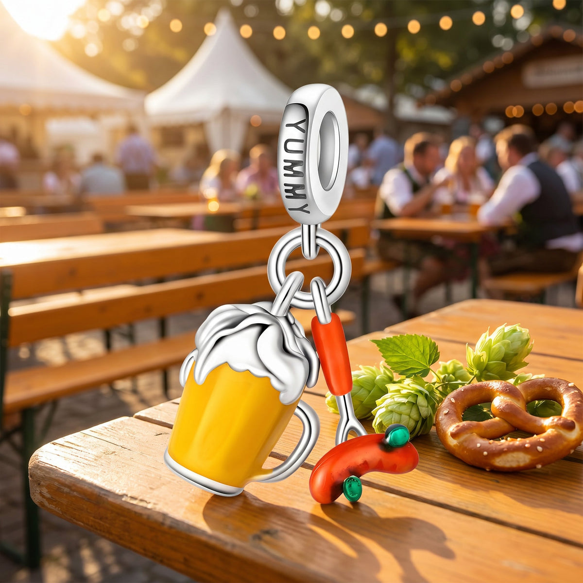 Enamelled beer and sausage charm pendant, YUMMY engraved bail, Beer and Sausage Yummy model