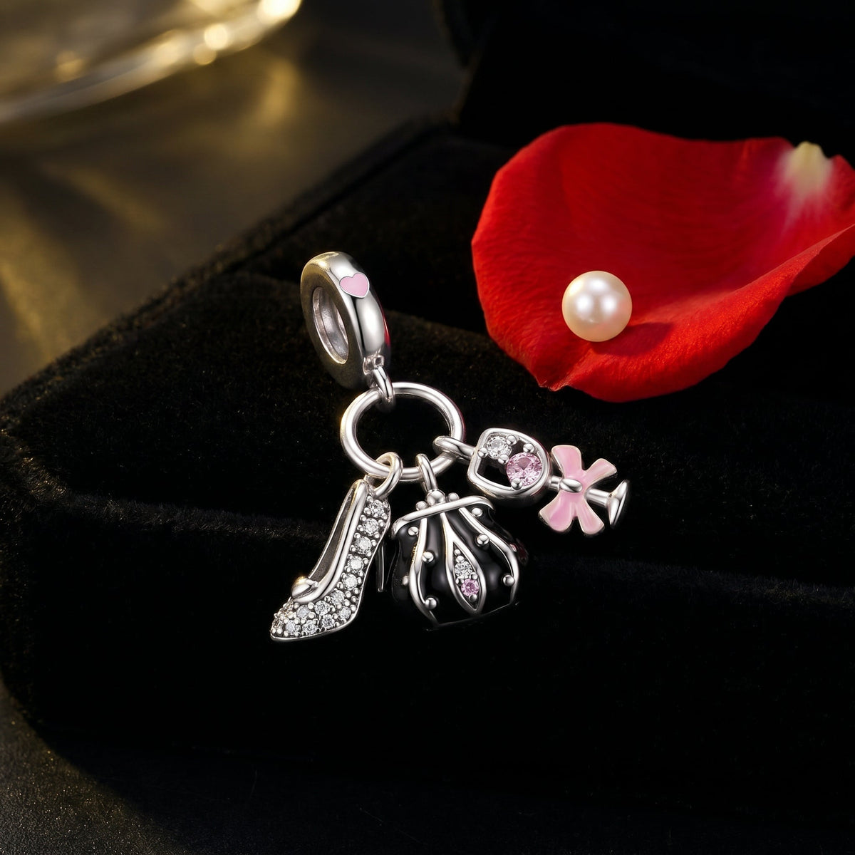 Charm triplo décolleté, borsa e cocktail, zirconi e smalto, modello Serata Glamour Tripla