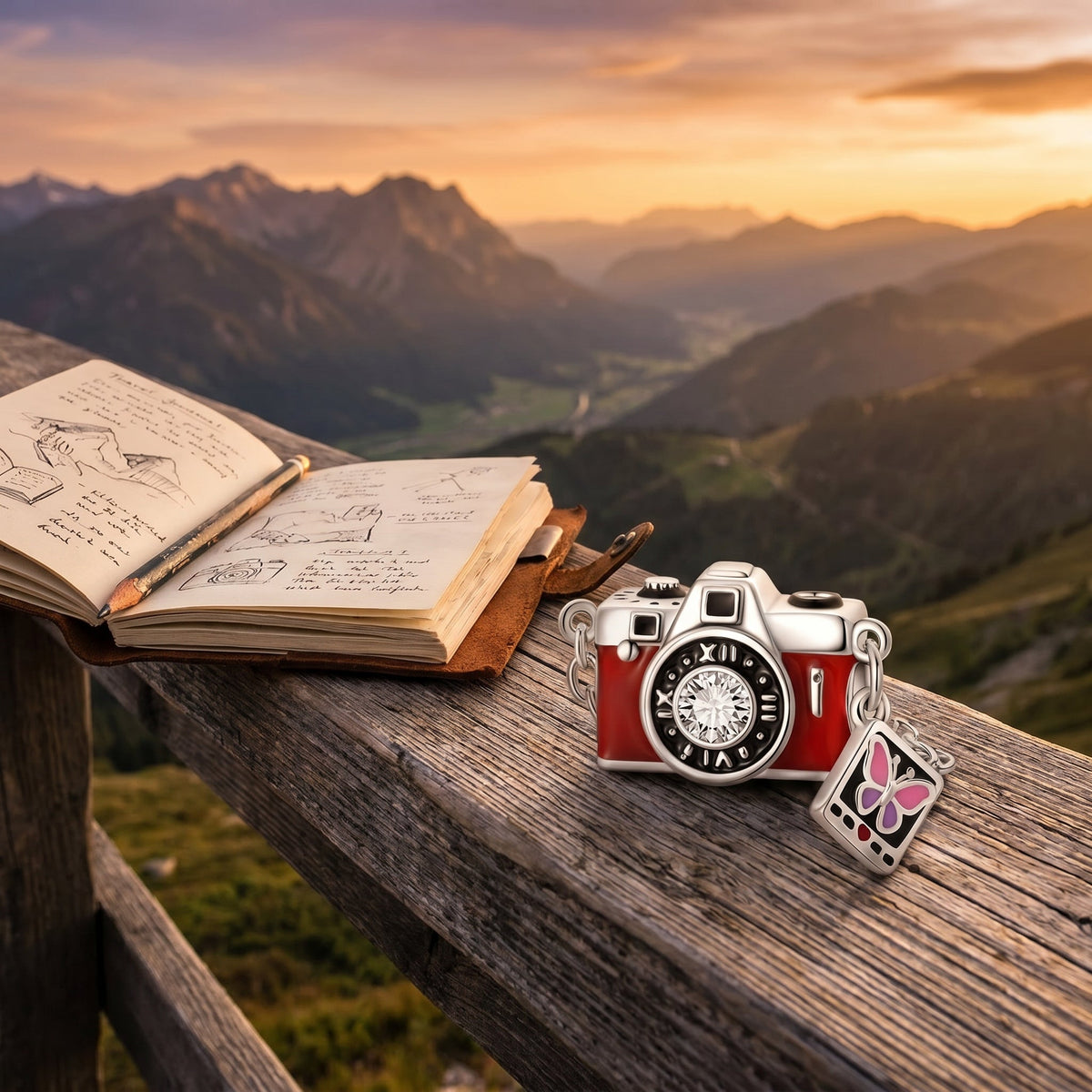 Charm perla, macchina fotografica retrò rossa con polaroid farfalla, per donna, modello Photovoya
