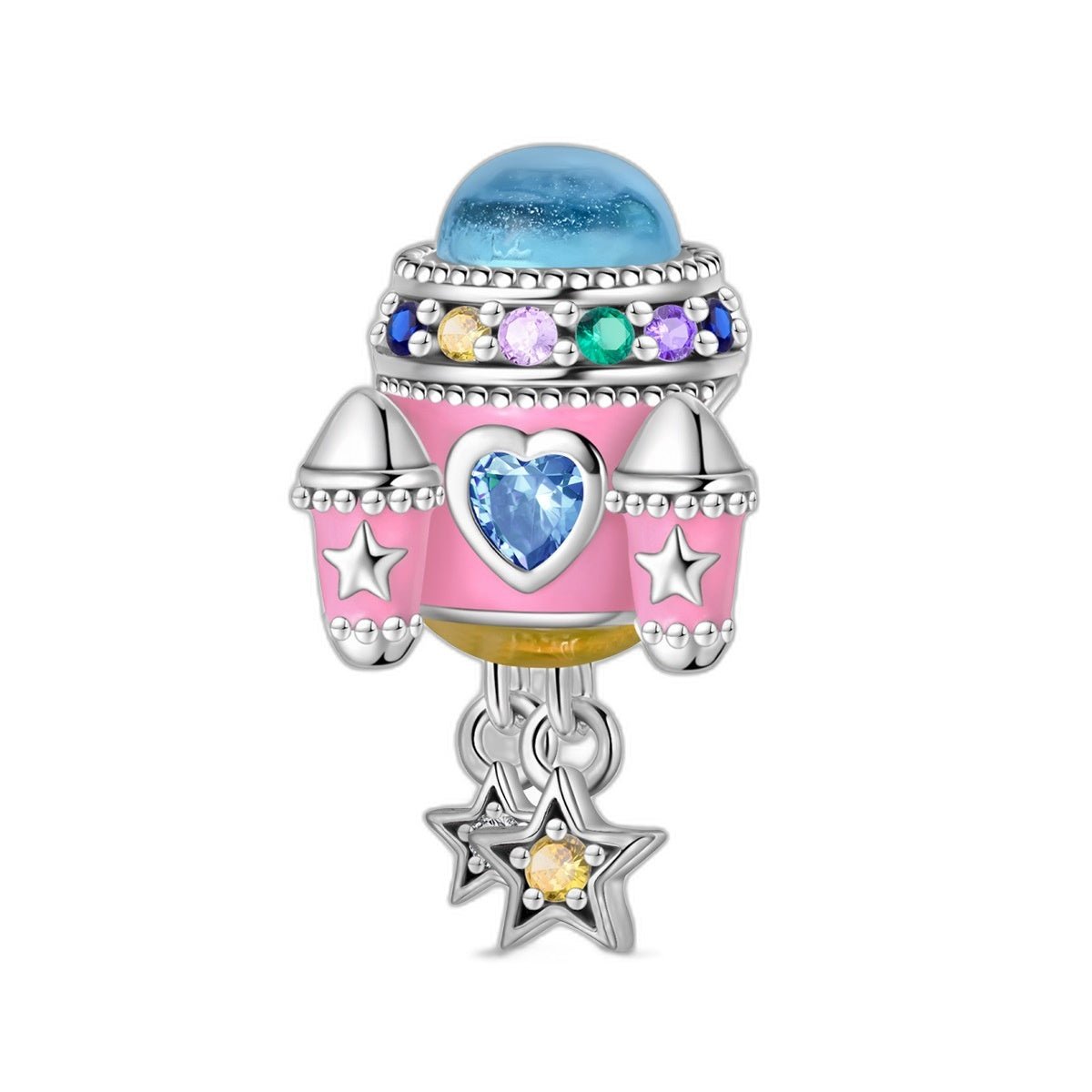 Charm de perla, cohete espacial rosa con cúpula azul y estrellas, para mujer, modelo Stellaria