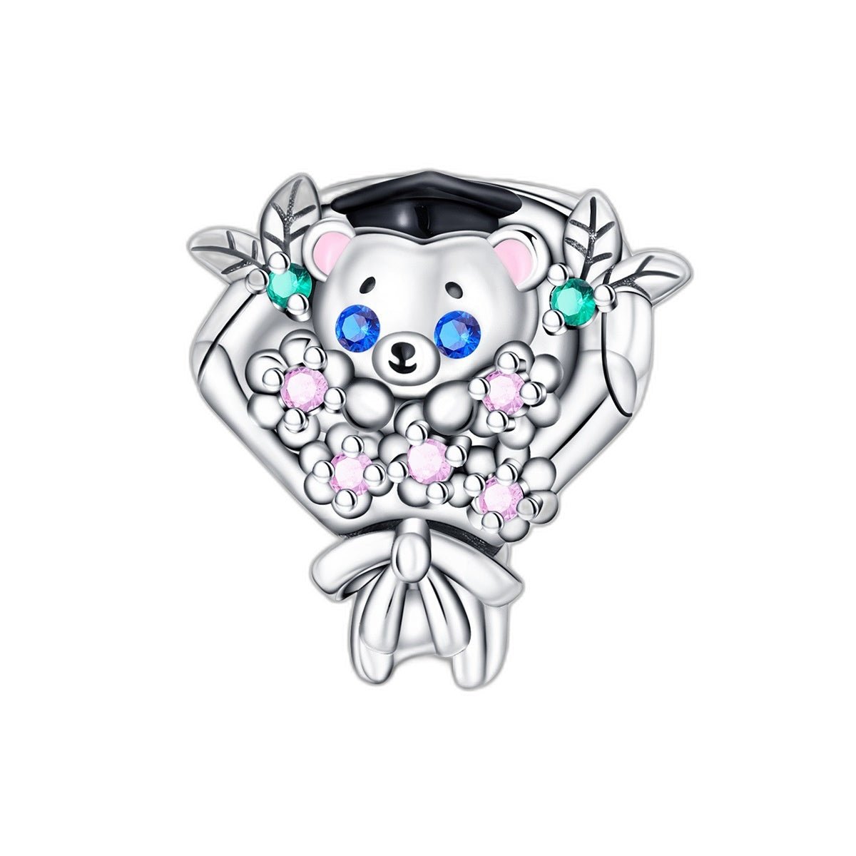 Charm perle, ourson diplômé avec bouquet de fleurs roses, pour femme, modèle Graduino